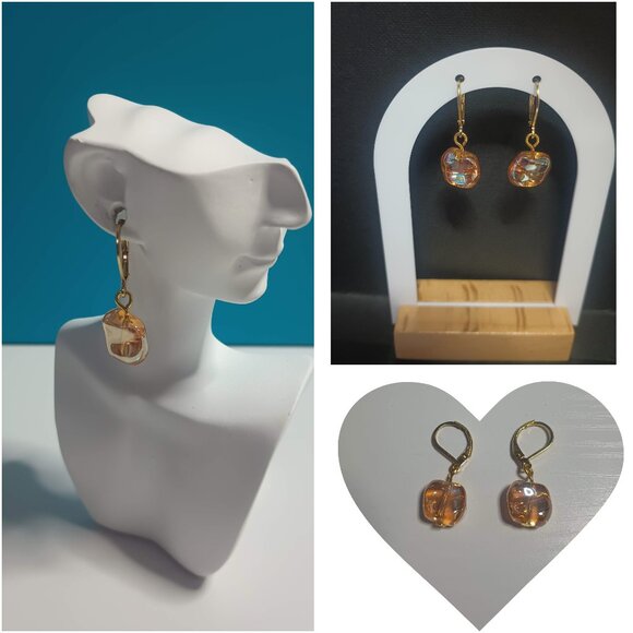 Iridescent Golden Peach Glass Bead Drop Earrings with Leverback Closure - Picture 1 of 1